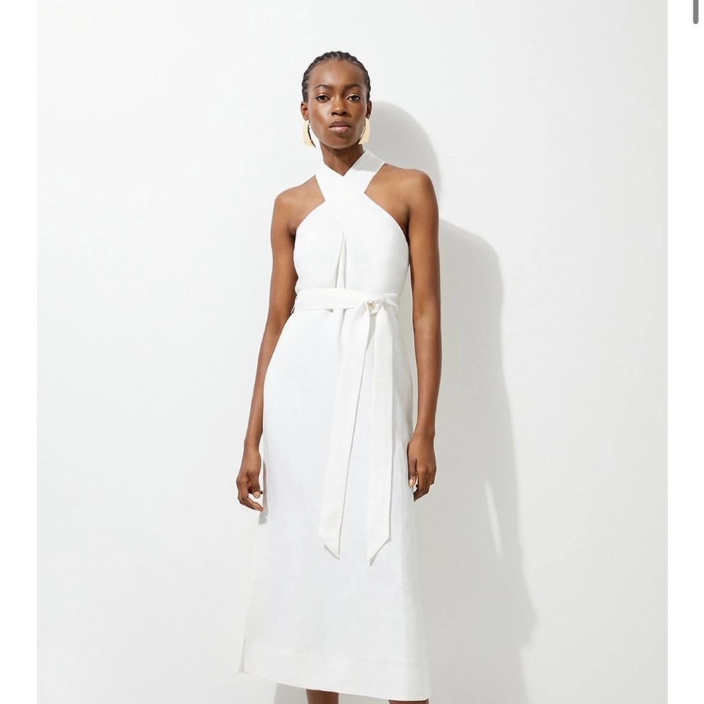NWT Viscose Linen Woven Cross Neckline Midi Dress